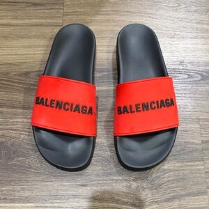 Balenciaga Red and Black Men’s Logo Pool Slides Size 10